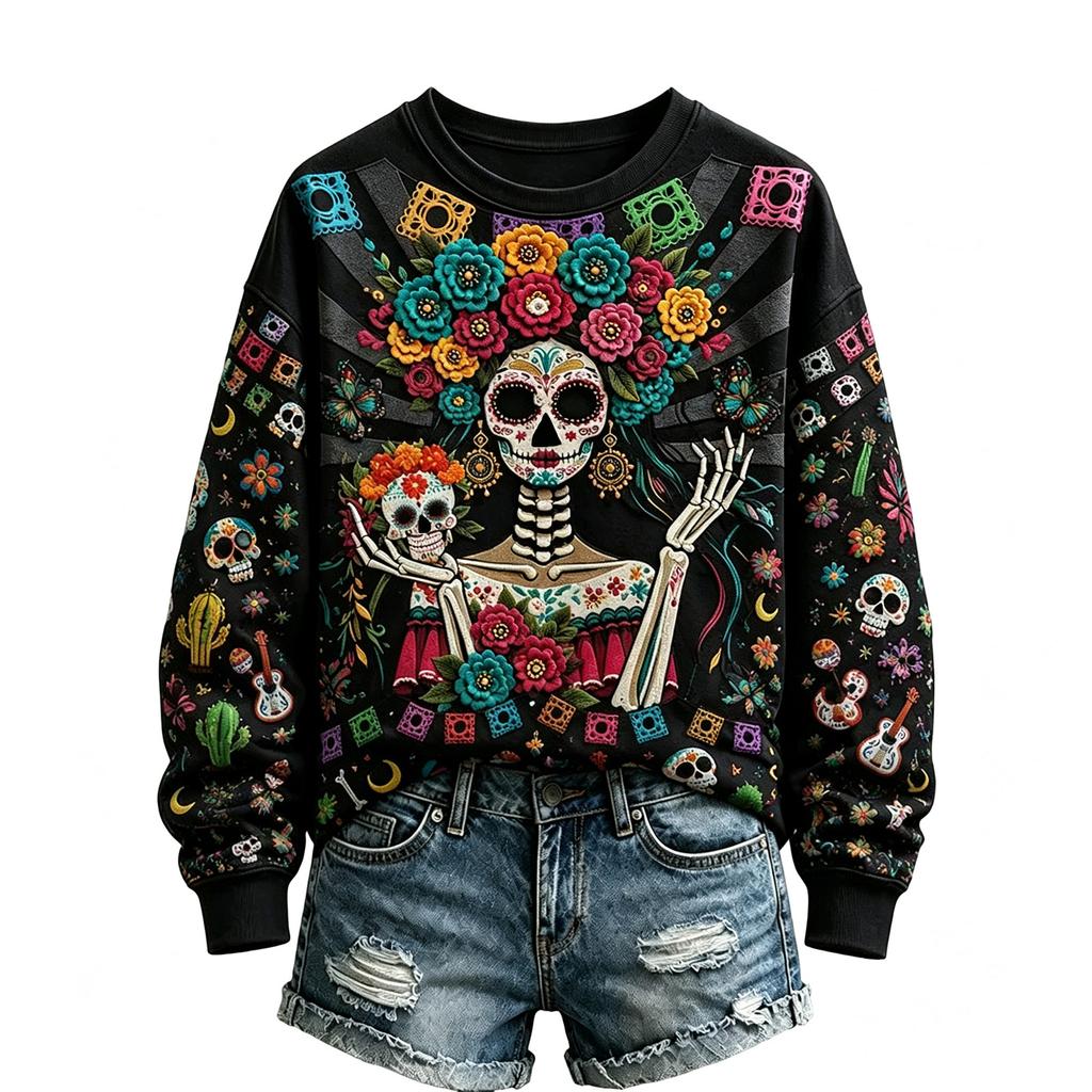 Women's Casual Comfortable Halloween Print Long Sleeve Neck Pullover Sweatshirt Top for Fall