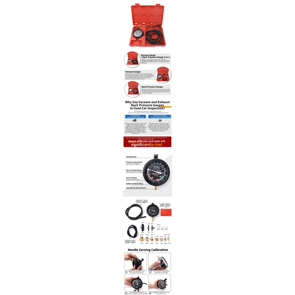Exhaust Back Pressure Gauge Automobile Exhaust Gas Pressure Gauge Exhaust Pipe Detector Auto Repair Vacuum Gauge
