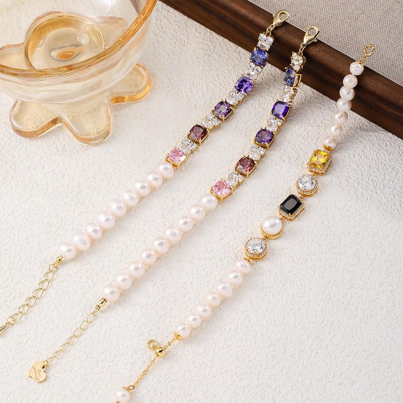 Elegant Geometric Freshwater Pearl Zircon Crystal Bracelet Women Lightweight Luxury Handcrafted Jewelry