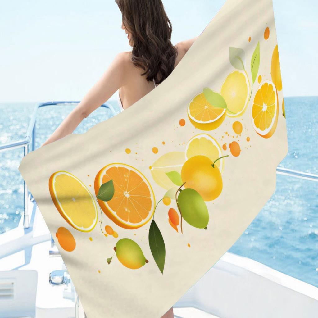 Summer Orange Pattern Digital-printed Polyester Superfine Fiber Double-sided Fleece Beach Vacation Bath Towel, Beach Towel
