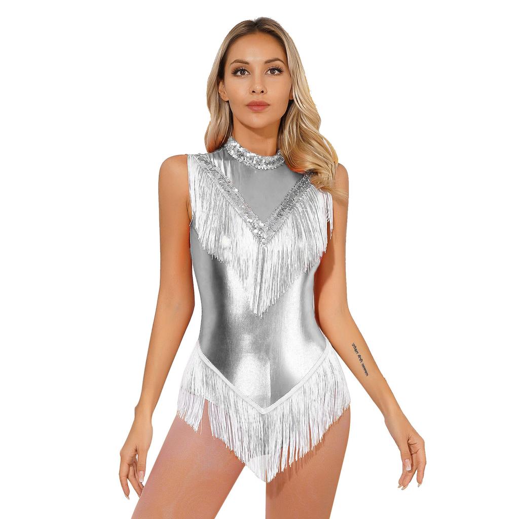 Womens Metallic Sleeveless Fringed Bodysuit Shiny Sequins Mock Neck Tassel Leotard for Latin Dance Performance