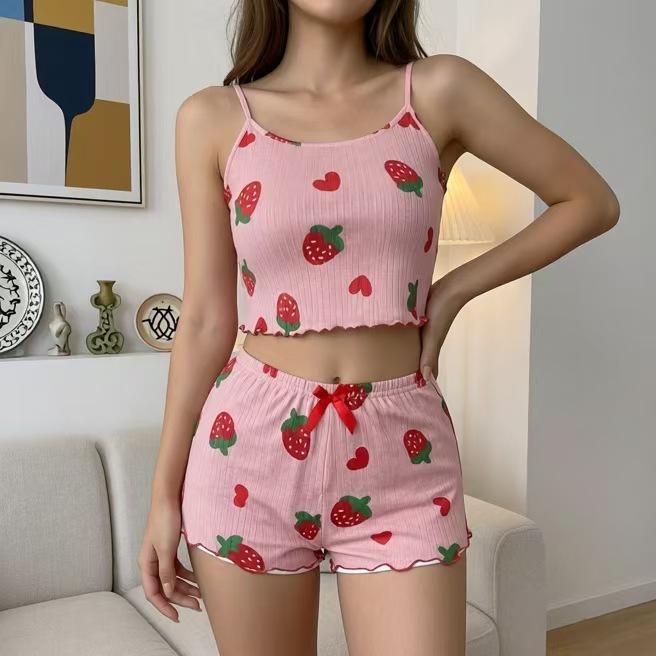 Striped Heart Lingerie Camisole & Shorts Pajama Set for Women - Summer Home Wear, Two-Piece