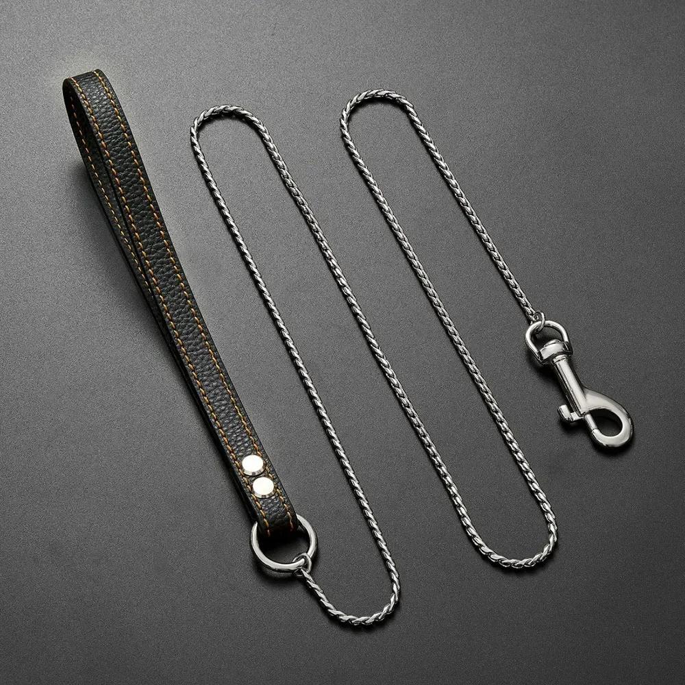 Kausicher Edelstahl Hundeleine Haustier Welpe Schlangenkette Glied Anti-Kauen Stark Anti-Biss Hundekette Leine mit Ledergriff