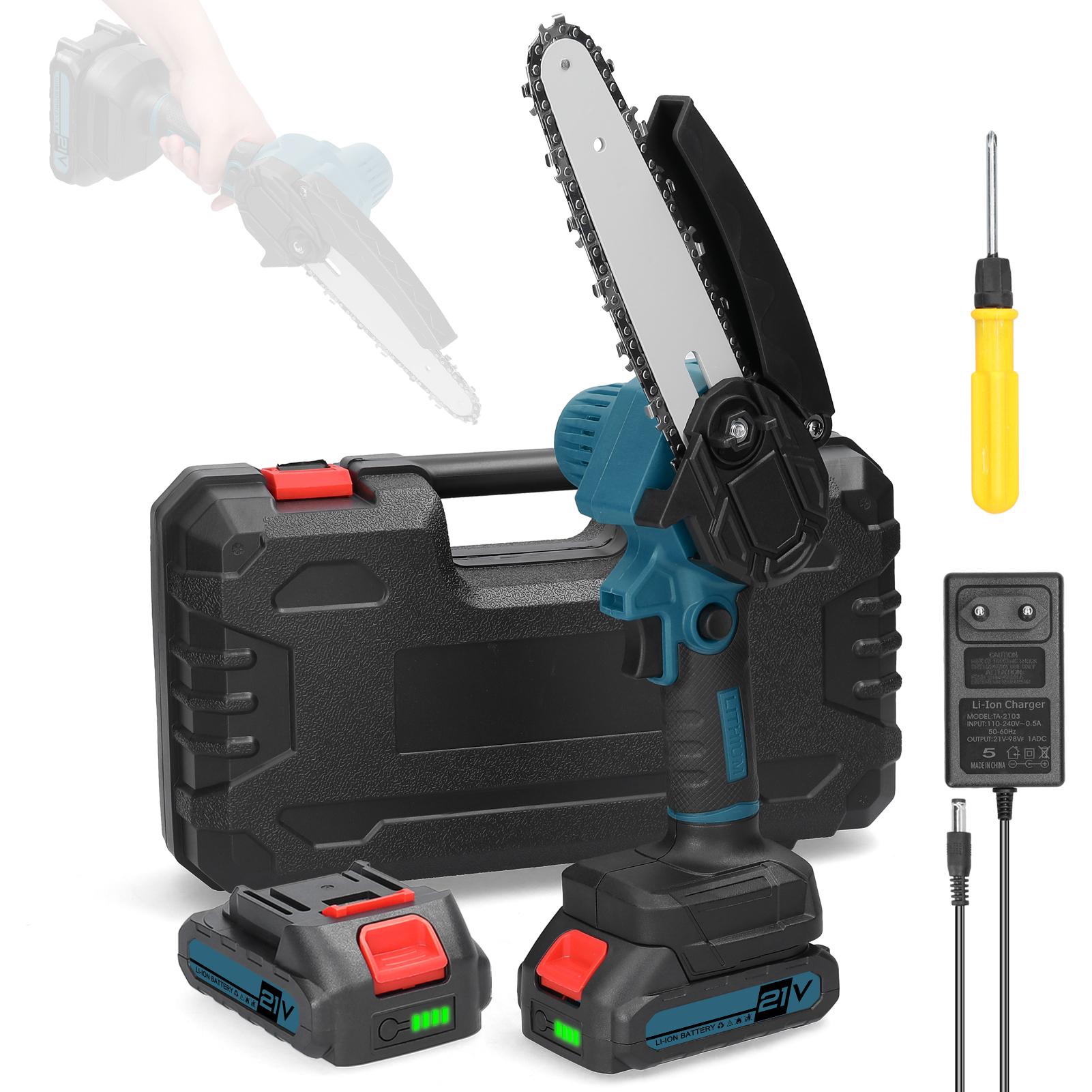 

21 В 6-дюймовые портативные электрические обрезные пилы, маленькая бензопила для раскалывания древесины, щеточный двигатель, одна рука 2pcs batteries EU Plug разноцветный