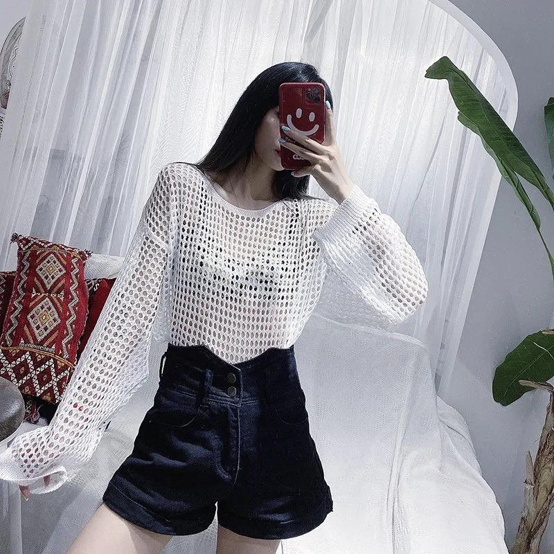 Maglione traforato taglia forte da donna nero filato a rete top maglione da donna pullover ampio maglia