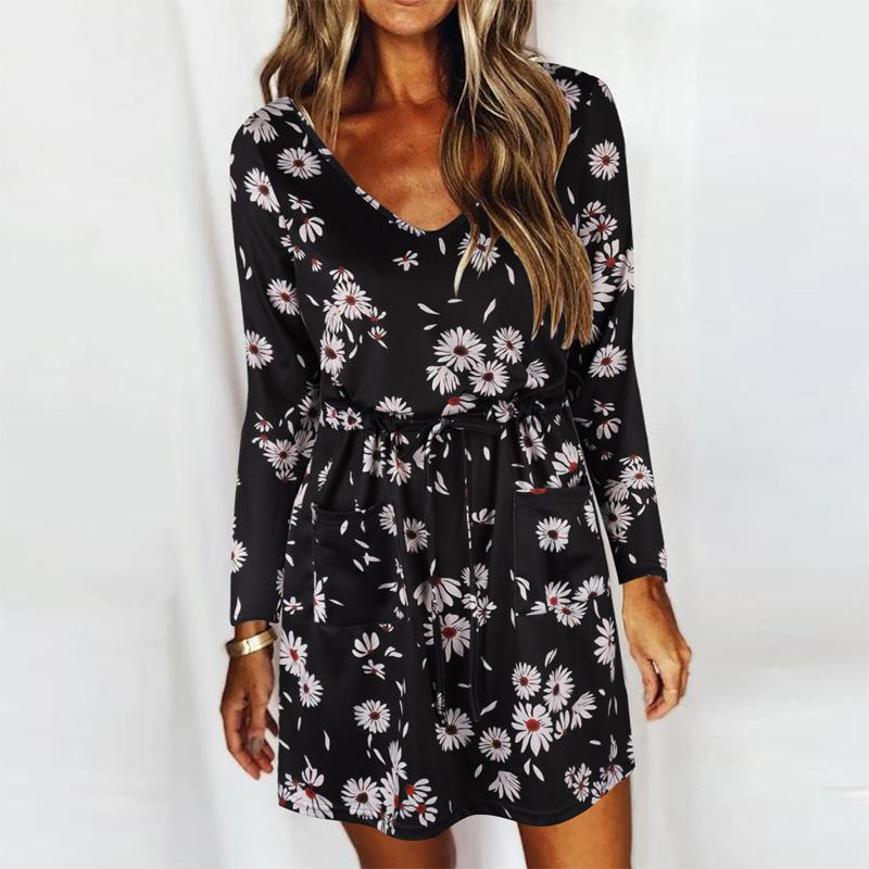 Womens Floral Midi Dress Ladies Holiday Casual Loose Crewneck Long Sleeve Dress