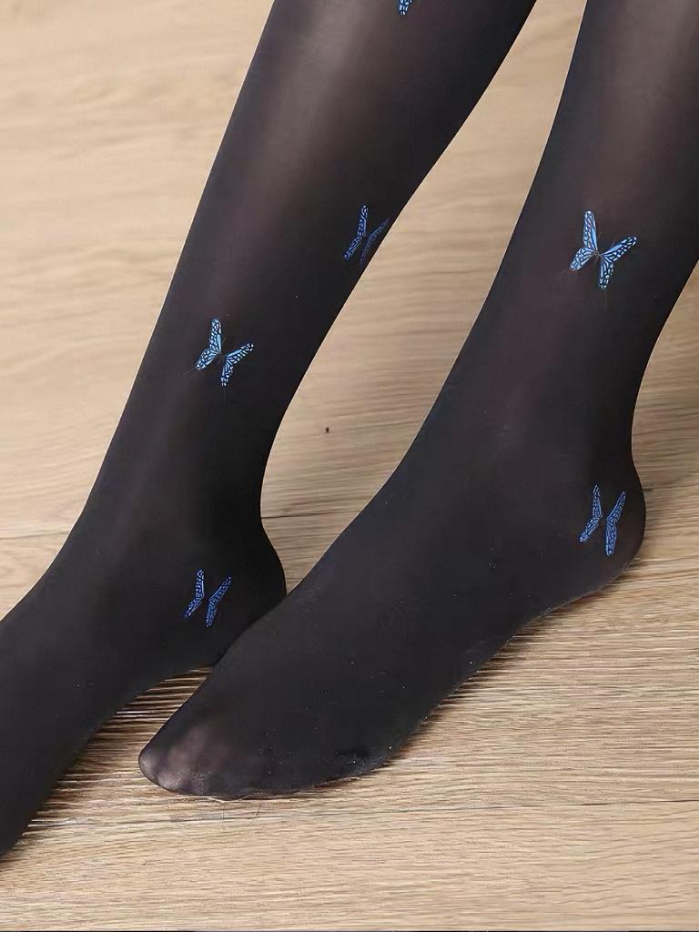 1 Pc Women'S Black Shiny Blue Butterfly Print Horse Oil Pantyhose, Valentine'S Day Gift, Horse Oil Moisturizing Design, Suitab