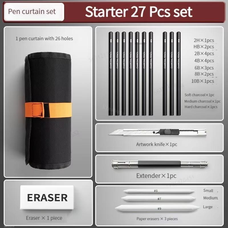 27/38/48pcs Sketching Pen Set Drawing Pen Sketching Pencil Student Drawing Art Drawing Brush HB Pen Curtain Set Box Art Supplies