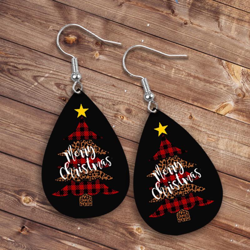 European & American Red Plaid Star Christmas Tree Leather Earrings for Women