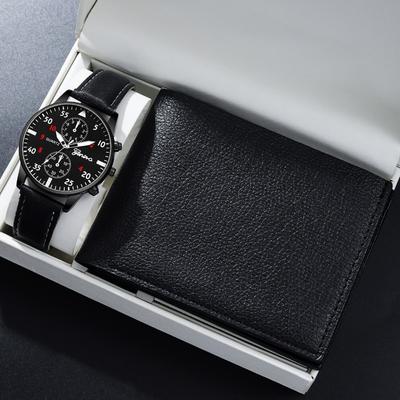 2PCS Set New Fashion Watches Men Luxury Business Leather Calendar Quartz Watches&Black Leather Wallets Best Men's Gifts