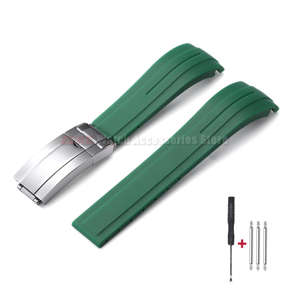 Curved End Rubber Watch Strap 20mm 21mm 22mm for Rolex for Water Ghost Folding Buckle Bracelet Waterproof Silicone Wrist Band