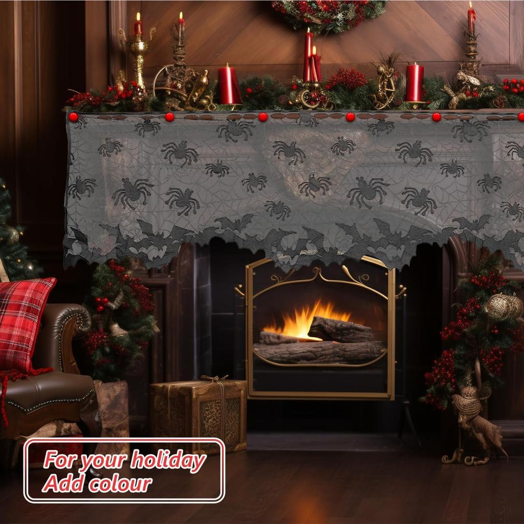 BESTOYARD Halloween Lace Window Curtain with Spider and Bats Design, Sheer Curtain for Indoor, Lampshade, Fireplace Cloth, Spooky Ghost Festival