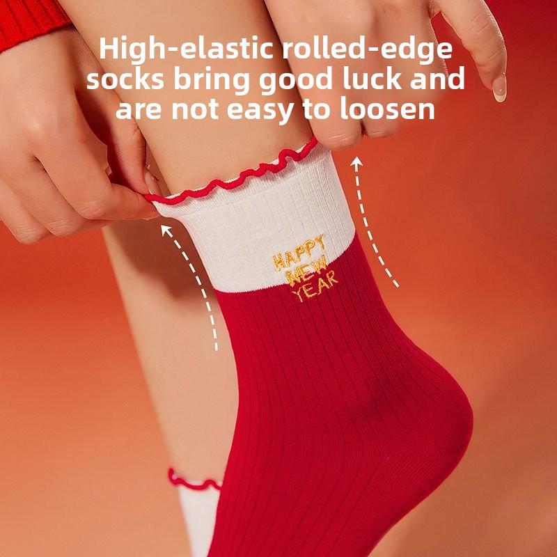 Lady Autumn and Winter New Year's Wedding Year Embroidered Lace Red Medium Tube Pile Pile Cotton Socks