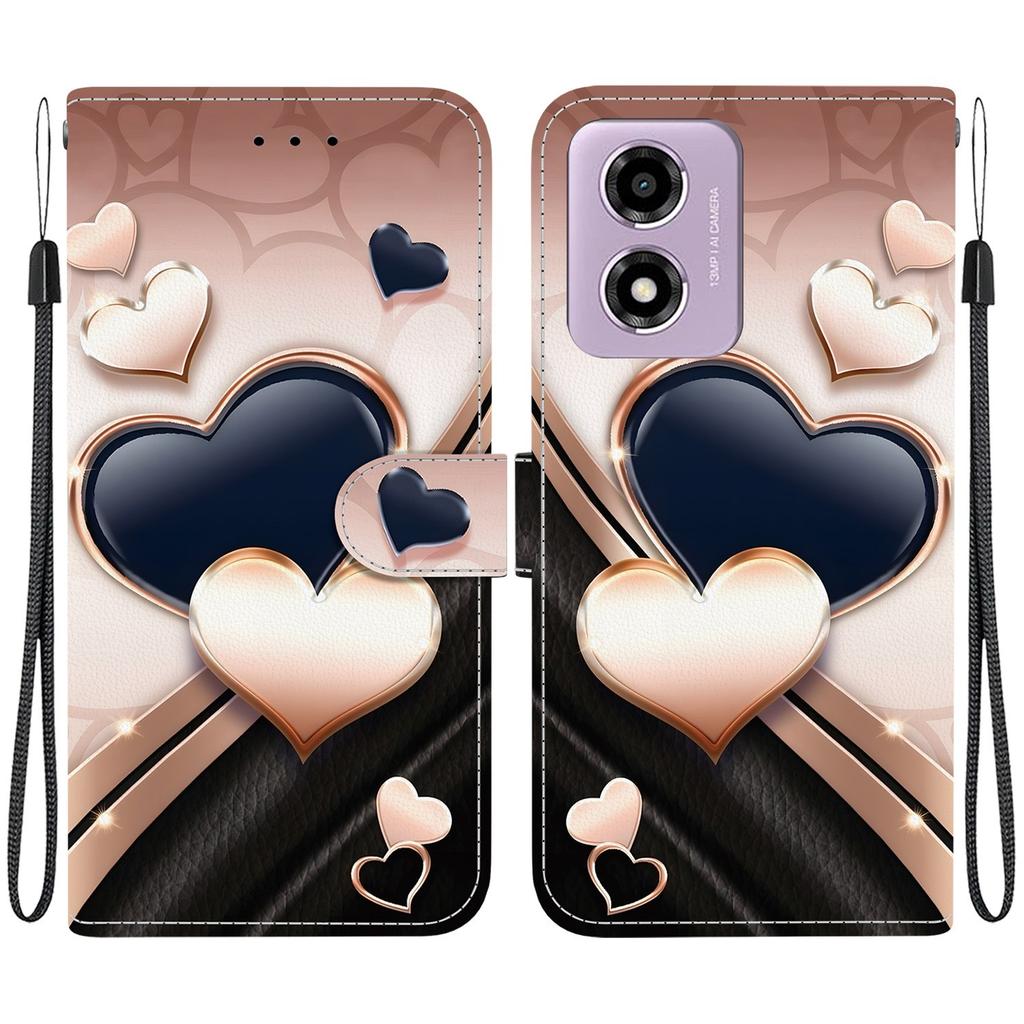 Handmade PU Leather Flip Case for Motorola Moto G04s / Moto E14 Anti-Slip Shockproof Cover with Wrist Strap & Heart/Rose Cat Designs