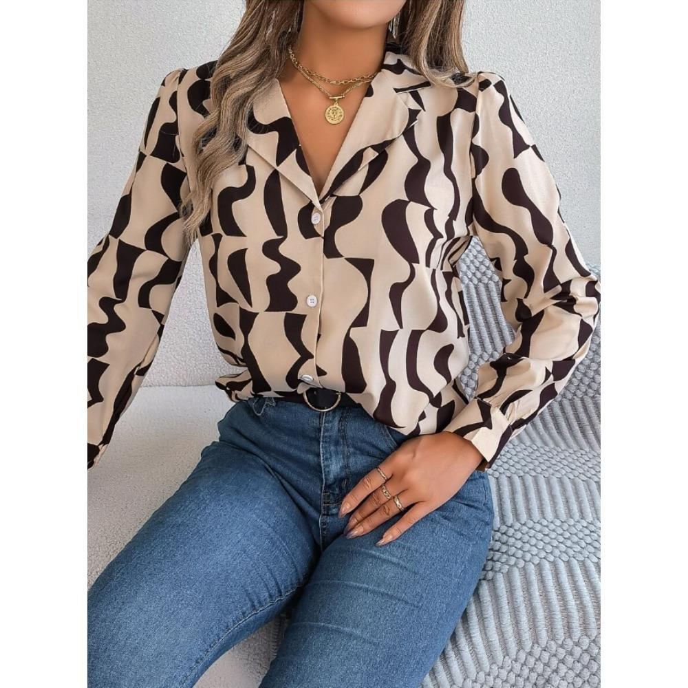 Geometric Print Women Blouse Spring Autumn Femme Office Lady Button Up Turn Down Collar Shirts