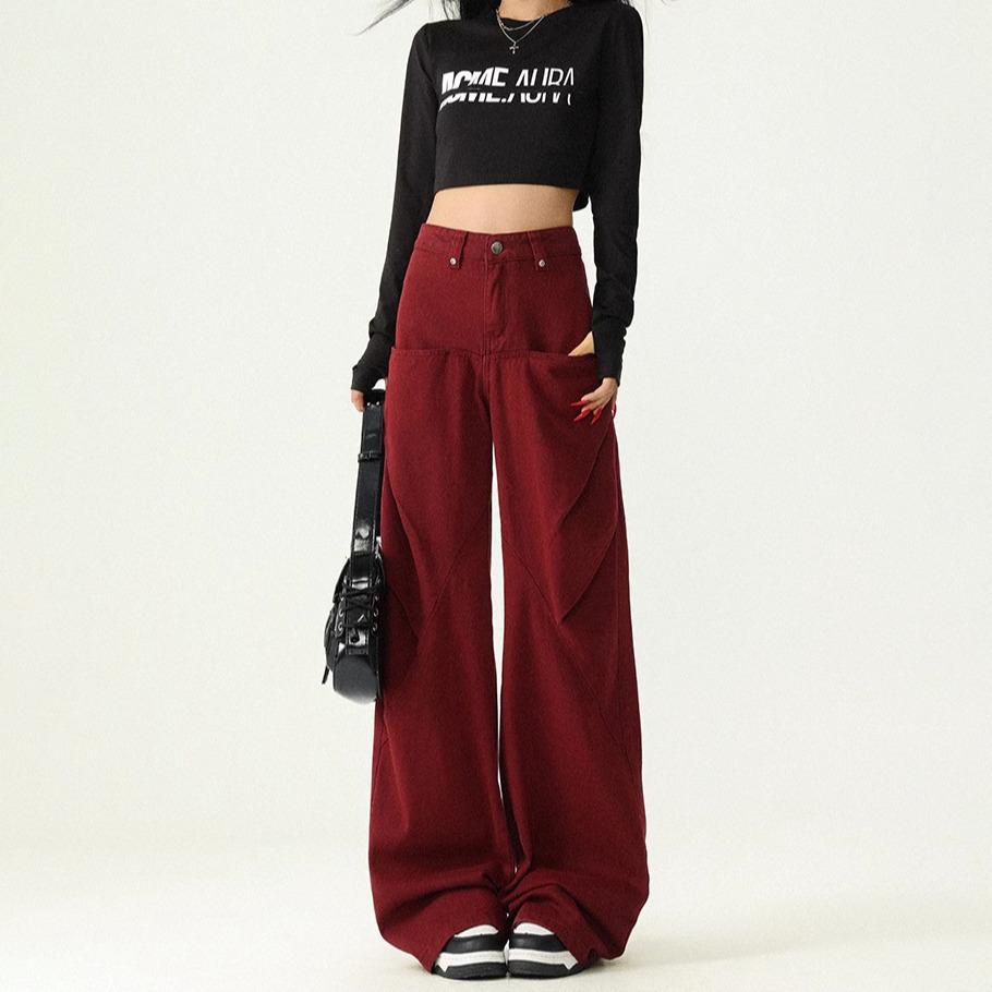 Women's Retro High-Waist Red Wide-Leg Jeans - Slimming, Versatile & Trendy