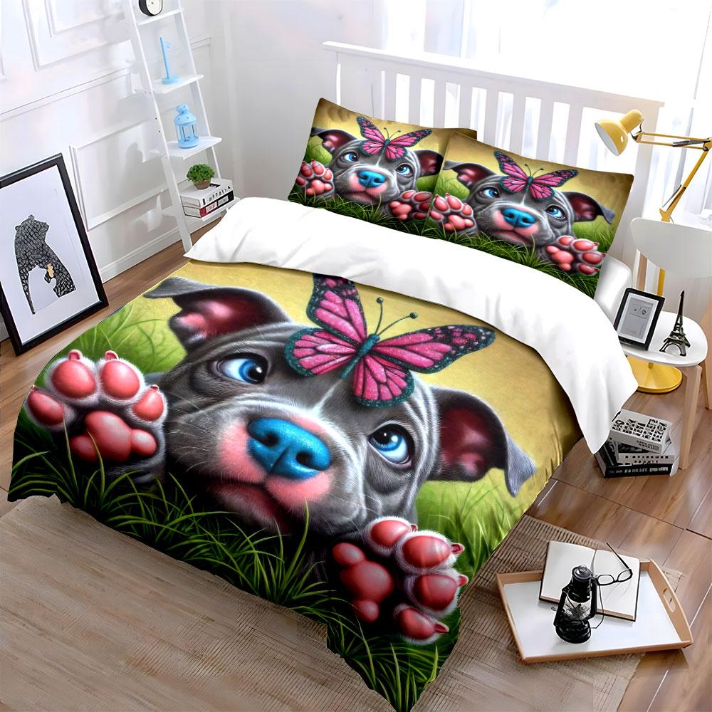 Dog Butterfly Decor Three-Piece Soft Comfortable Duvet Cover Bedding Set Included 1*Duvet Cover & 2*Pillowcases, Gift