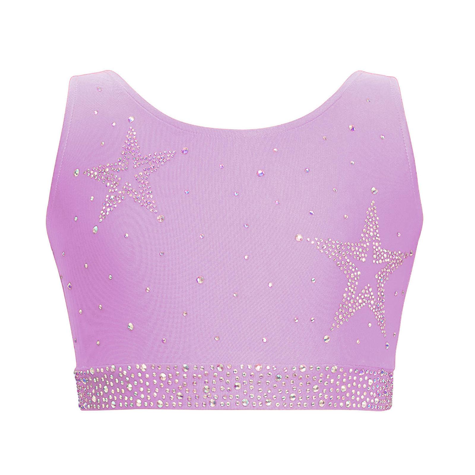 

Girls Shiny Rhinestones Gymnastics Dance Costume U Neck Crisscross Back Cropped Vest 5-6 Years світло-фіолетового кольору