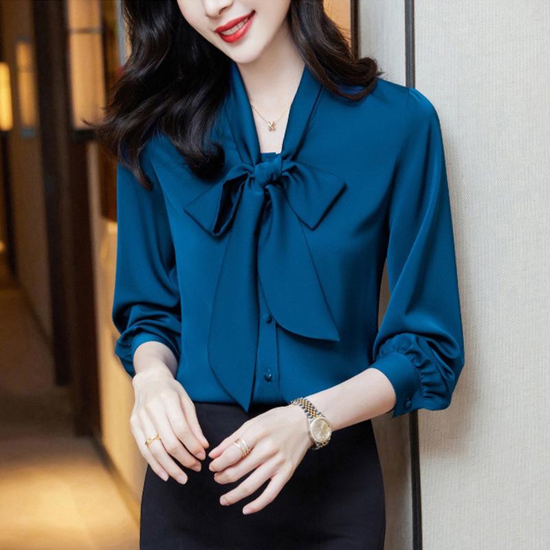 

Bow Tie Lace-Up Single-Breasted Cardigan Casual Shirt for Women – Spring/Autumn Long Sleeve Solid Color Age-Defying Style XL [117-126 lbs]