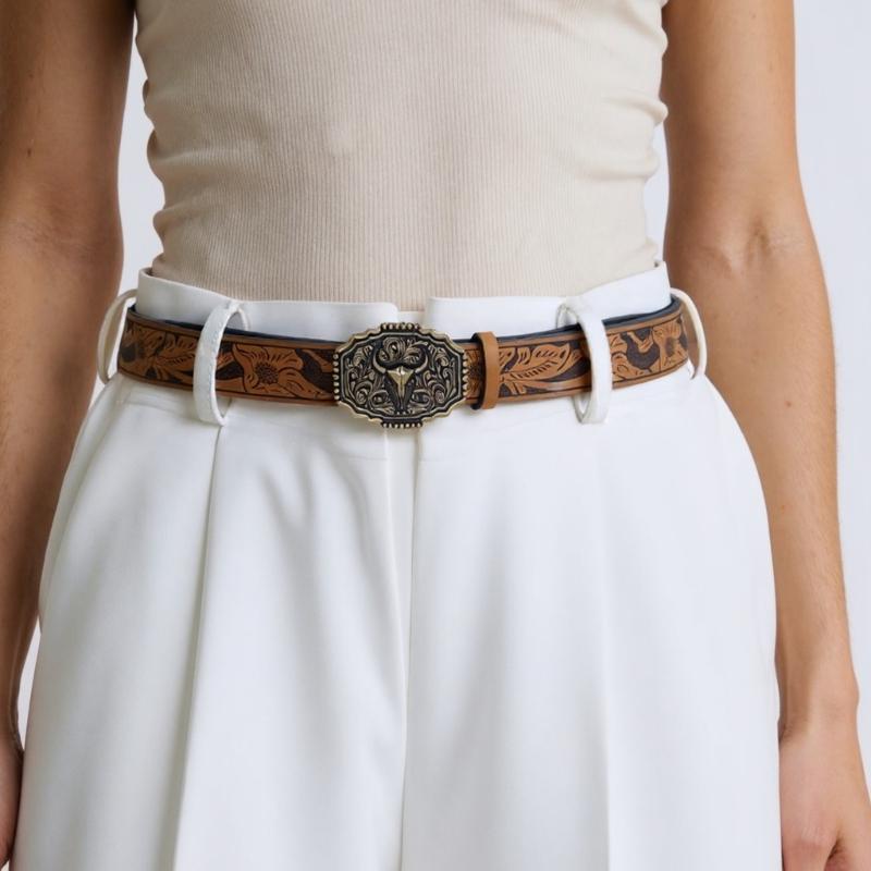 Embossed Pattern Wasitband Adjustable Belt For Daily Use And Outdoor Activity with Metal Bull Head Buckles for Men Women