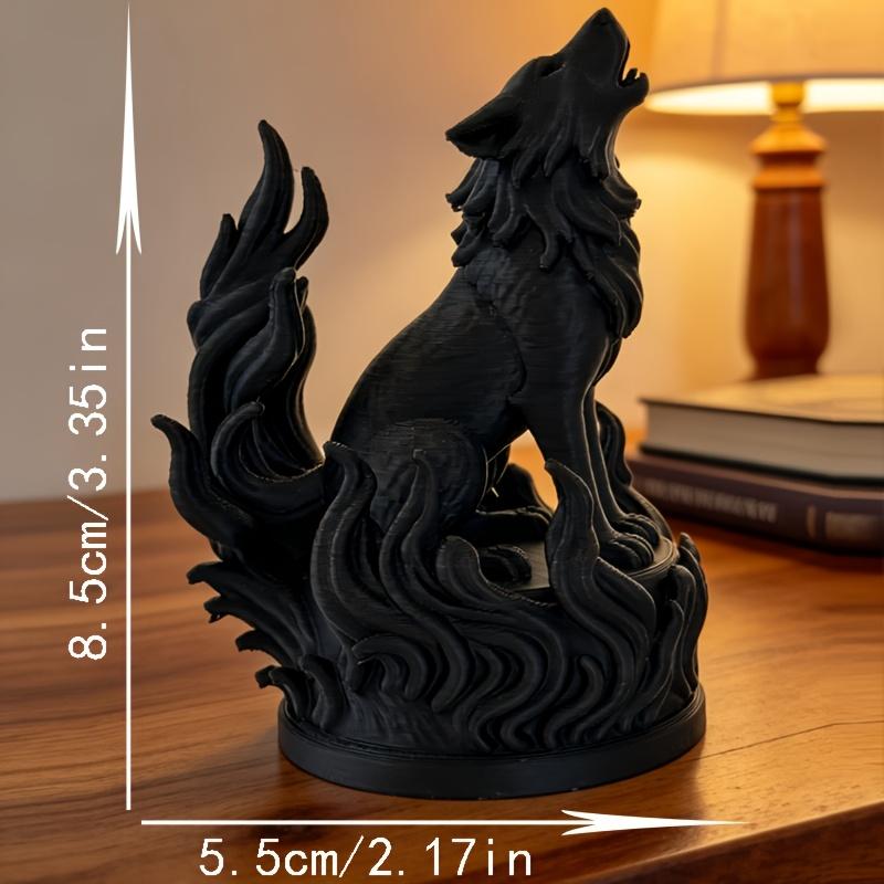 3D‑Printed Howling Dark Flame Wolf Figurine, Textured Statue With Flame‑Shaped Base, Home & Office Desktop Ornament, Gift for Fa