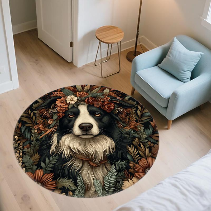 Tappeto rotondo con motivo Border Collie e Piante, Tappeto per Soggiorno Camera da Letto Sala Giochi, Tappetino Antiscivolo, Regali per le Feste e Regali di Compleanno.