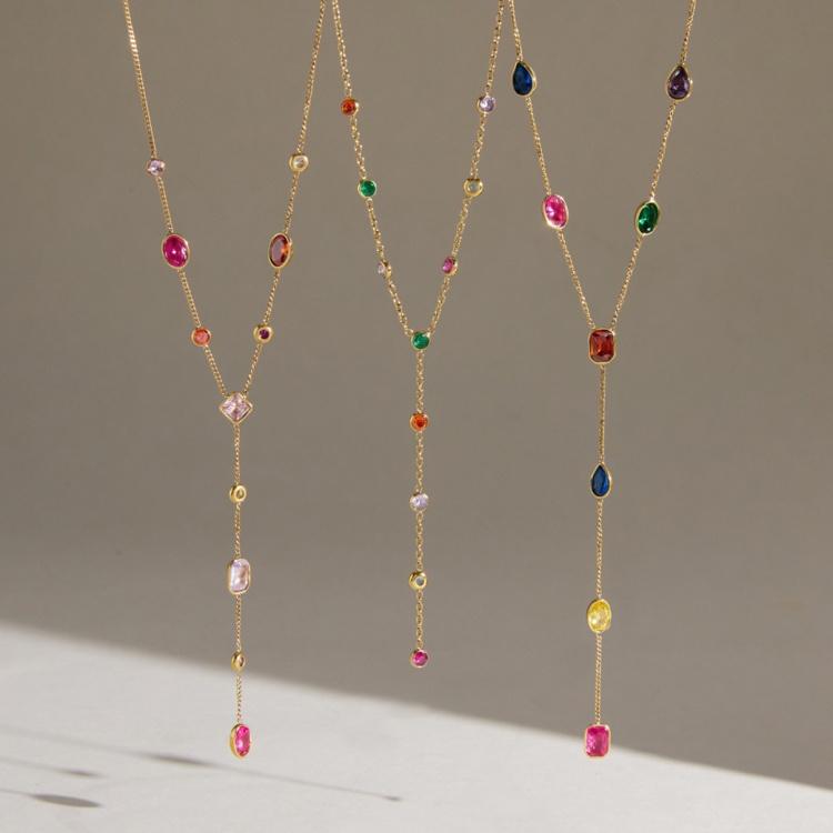 18k Gold Plated Stainless Steel Oval Colorful Zircon Fashion Jewelry Necklaces Custom Fine Chain Necklace for Women