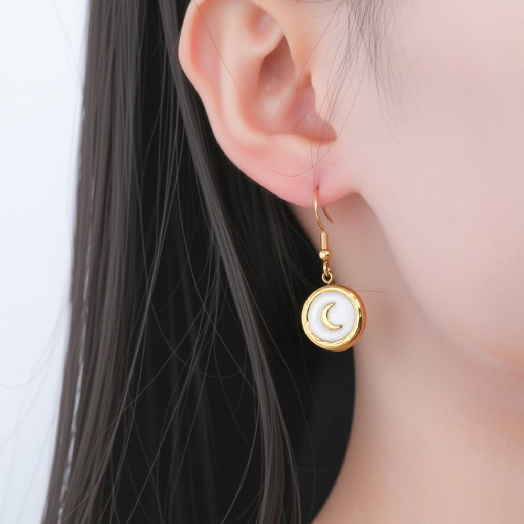 Teamer White Enamel Crescent Round Pendant Stainless Steel Dangle Earrings For Women Girls Fashion Wedding Romantic Jewelry Gift