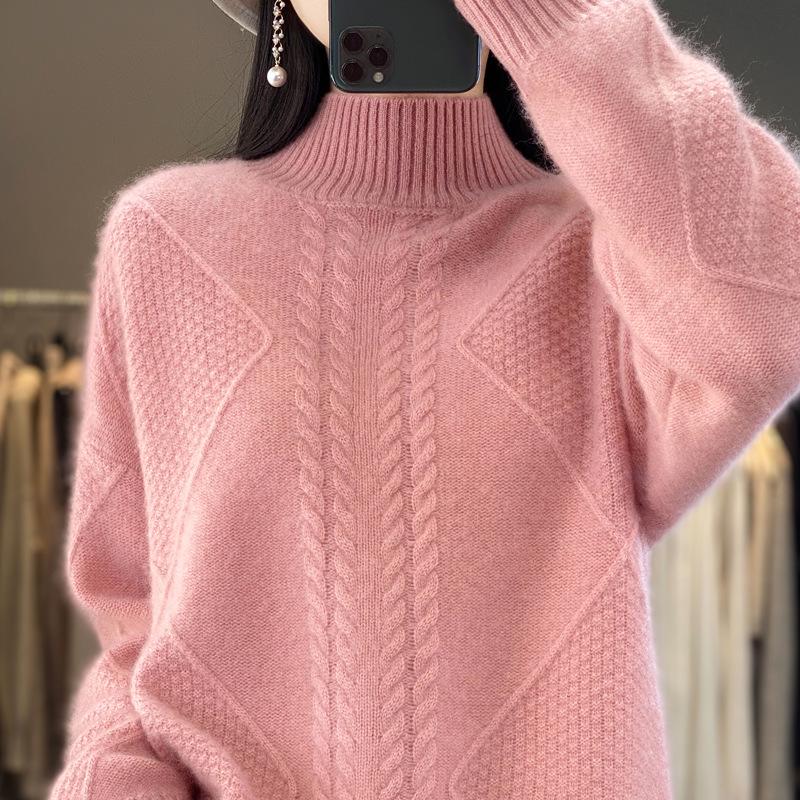 Women's 100% Pure Wool Cable Knit Sweater, Half-High Collar, Loose Pullover, Thick Cashmere Base Layer for Autumn/Winter.