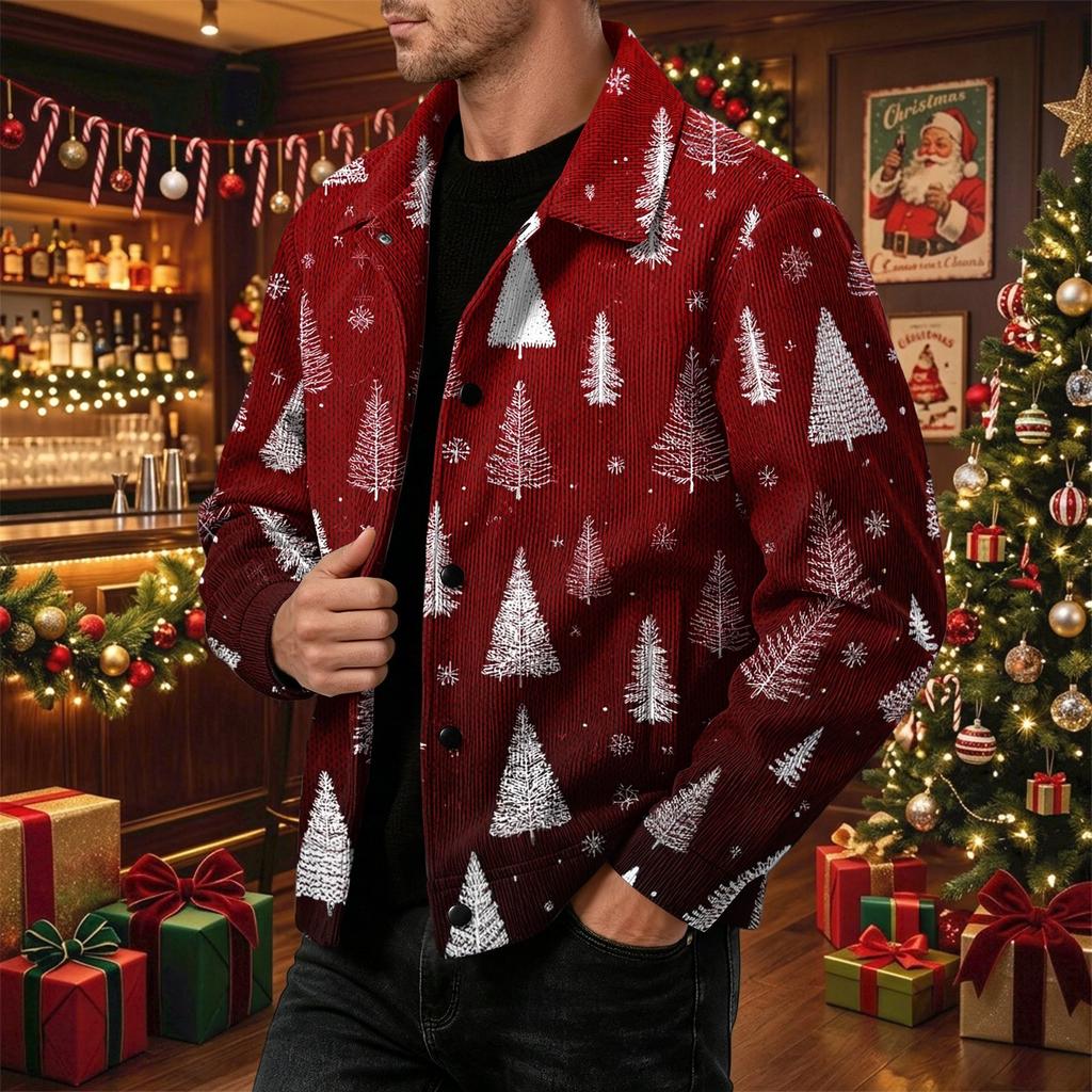 Men's Casual Loose Fit Long Sleeve Lapel Collar Jacket with Christmas Print for Fall