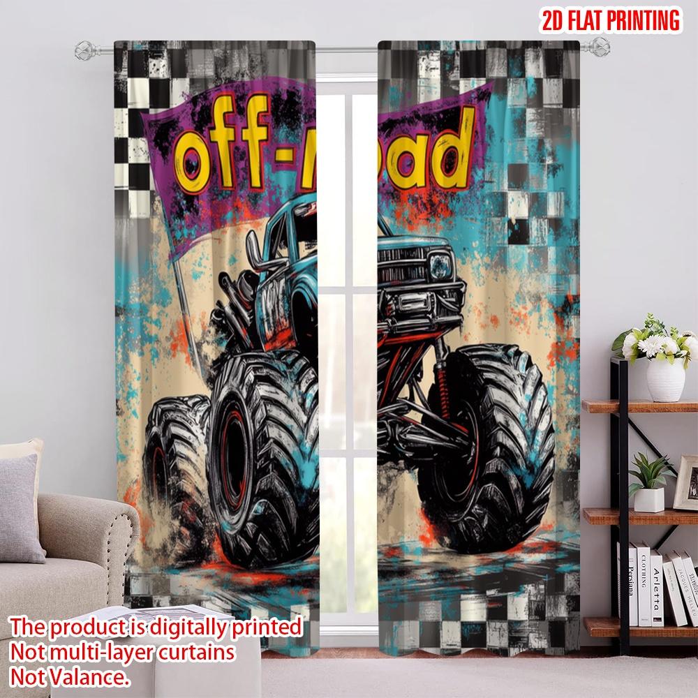 2pcs,2D Plane Printing Curtains Monster Dash Durable Polyester (without Rod) Room Decor Use for Living Room, Office, Kitchen,