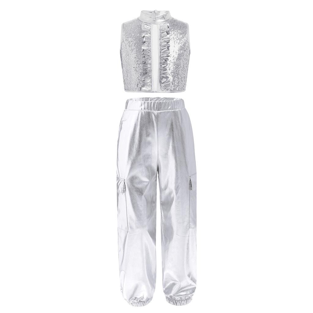 Mädchen Jazz Dance Outfit Rollkragen Ärmellos Pailletten Metallisches Patchwork Rüschen Crop Top Glänzende Hose