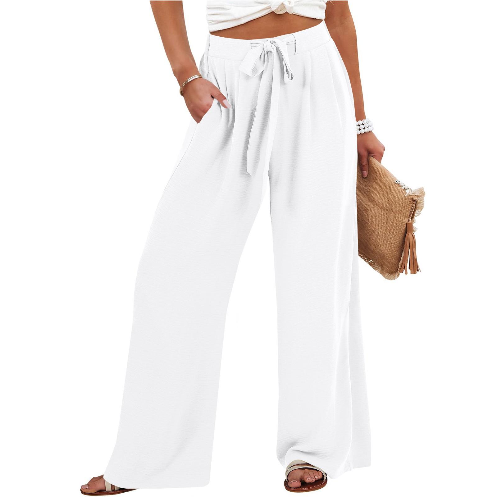 

Женские широкие брюки-палаццо с высокой талией, регулируемый завязочный узел, струящиеся брюки, повседневные свободные брюки с карманами XL белый