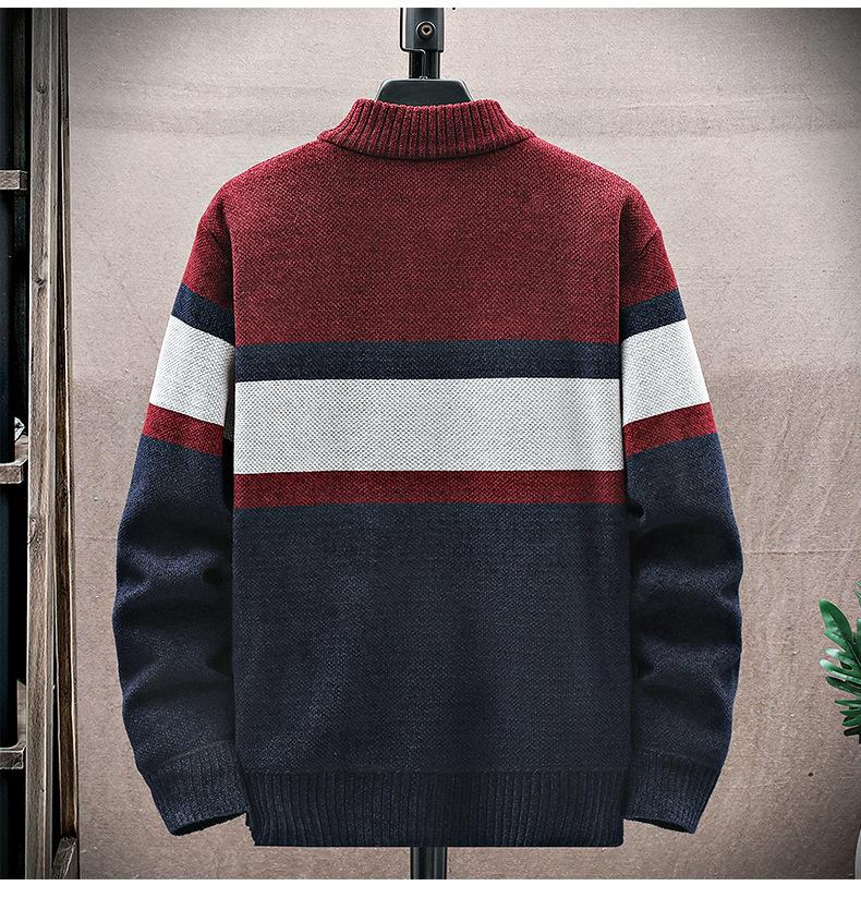 Men's Striped Zippered Cardigan Sweater - Thick Warm Color-Blocked Knitwear for Casual Fall Winter Wear