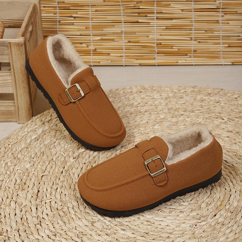 Winter Women's Warm Plush Loafers with Buckle Decoration, Plush Lining, Flat Sole, Comfortable and Casual Daily Shoes