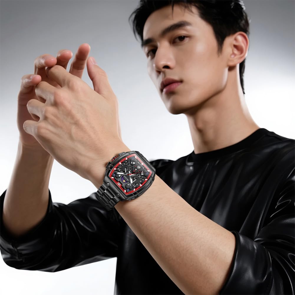 OLEVS Analog Quartz Square Sports Brand Metal Large Black Chronograph Men's Watch, Dial, Watch, Name, Band, Waterproof, Dial,