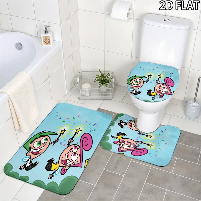 3pcs The Fairly OddParents Pattern Flannel Nonslip Absorbent Washable Decorative Bathroom Home Toilet Seat Cover Mat