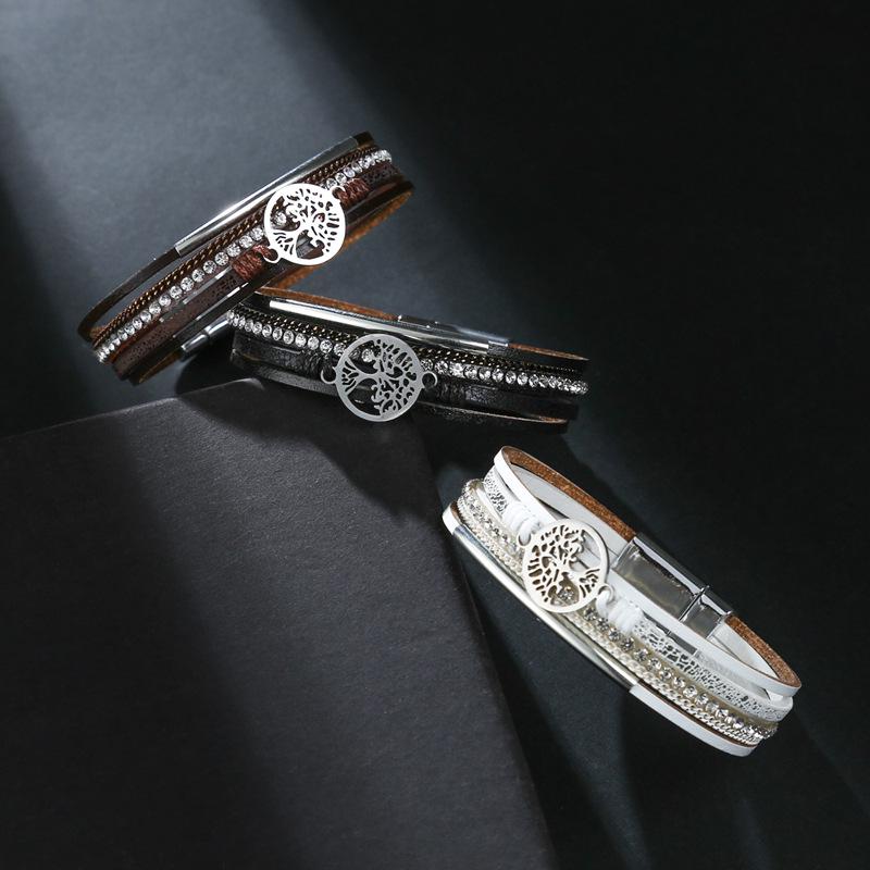 Bohemian Multi-Layer Leather Bracelet with Rhinestone Tree of Life Design