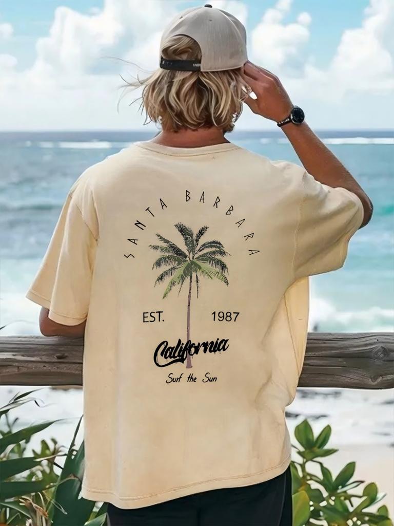 New Mens Vacation Coconut Tree Letter Printed Comfortable Breathable Round Neck Tshirt Summer Outdoor Casual Top