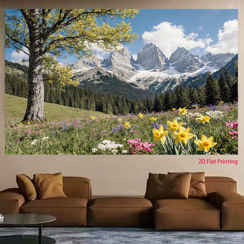 2D Alpine Daffodil Backdrop 2D Snow Mountain Forest Spring Photo Background for Party