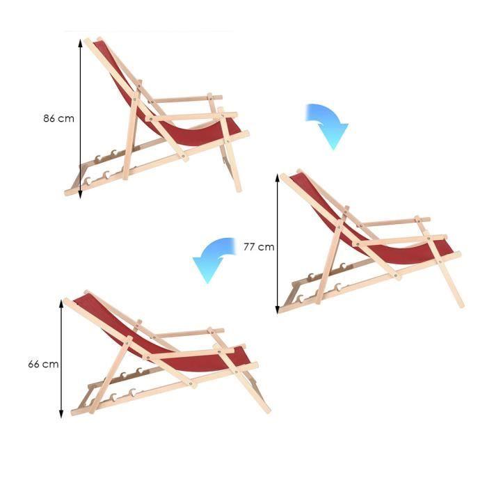 Transat de jardin - SPRINGOS - Chaise longue pliante en bois - Accoudoirs - 3 positions - 120 kg