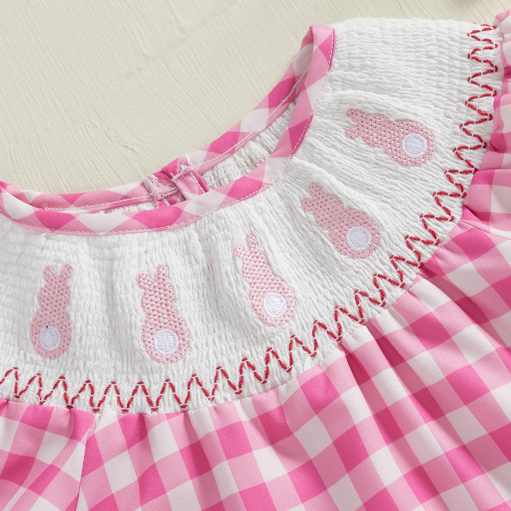Baby Girl Casual Romper Plaid Print Bunny Embroidery Summer Fly Sleeves Jumpsuit for Newborn Toddler Cute Clothes