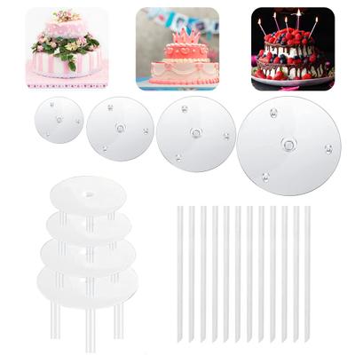 1 Set Transparent Stacking Cake Supports Food Grade Reusable 4 Cake Separator Plates 12 Cake Support Rods for 4/6/8/10 Inch Cakes