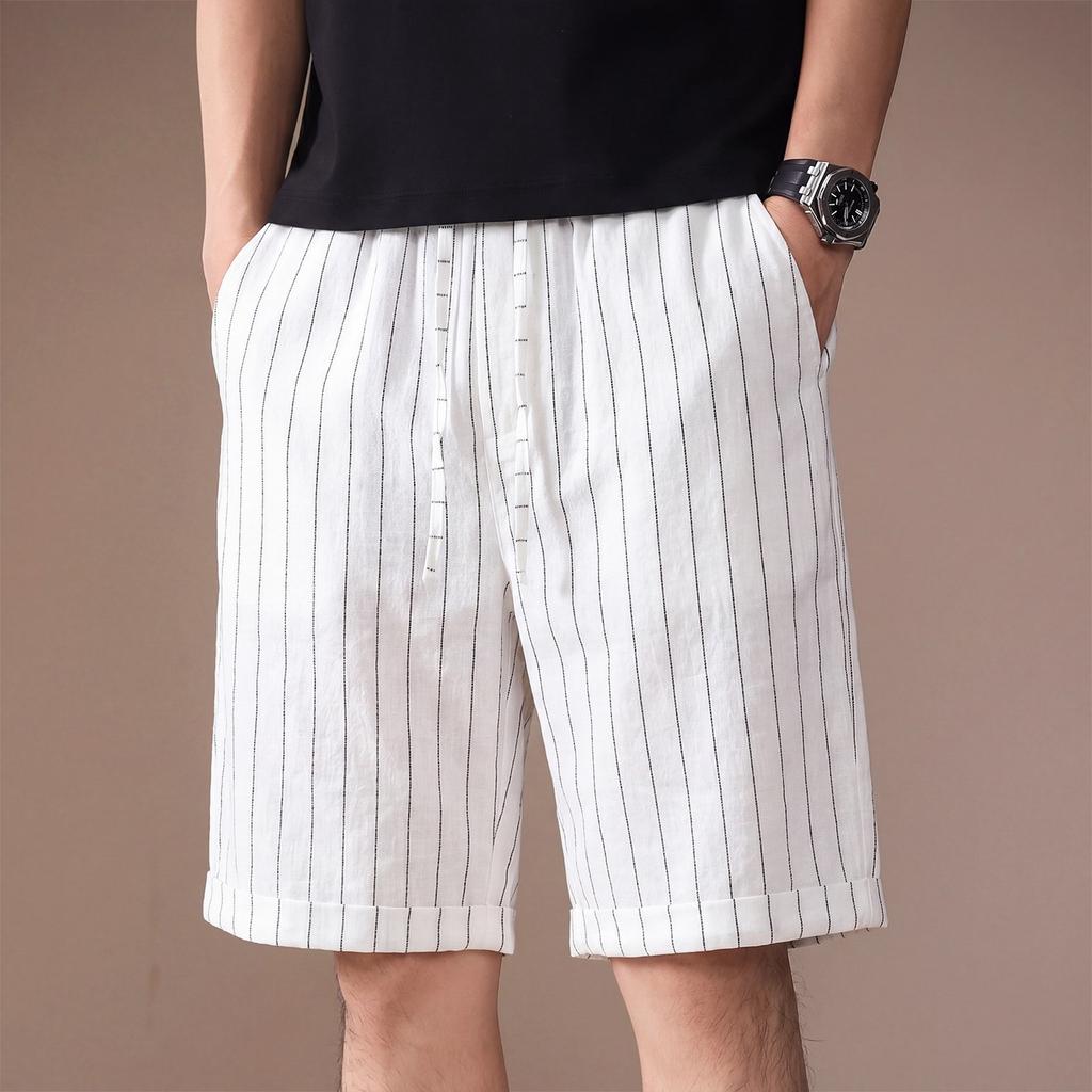 Hochwertige amerikanische Retro-Kontrastfarbe vertikale Streifen Leinen-Baumwollmischung lässige Shorts Herren Sommer dünn trendige Fünf-Punkt-Hose