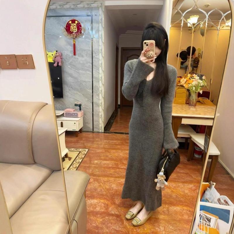 Temperament Gray V-neck Knitted Dress Autumn and Winter Lazy Slim Fit with Bottom Sweater Skirt