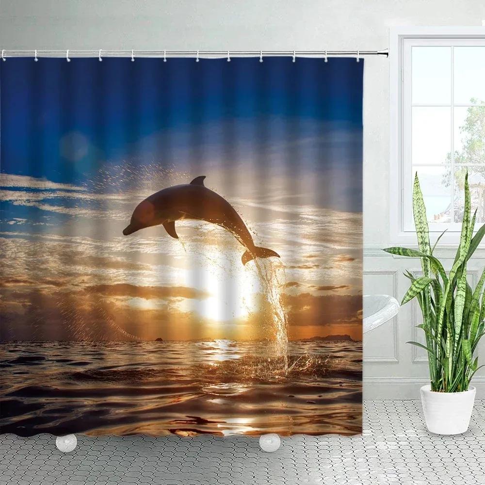 Tropical Ocean Shower Curtains For Kids Blue Ocean Dolphin Sea Turtle Fish Themed Kids Bathroom Fabric For Bath Curtain Decor