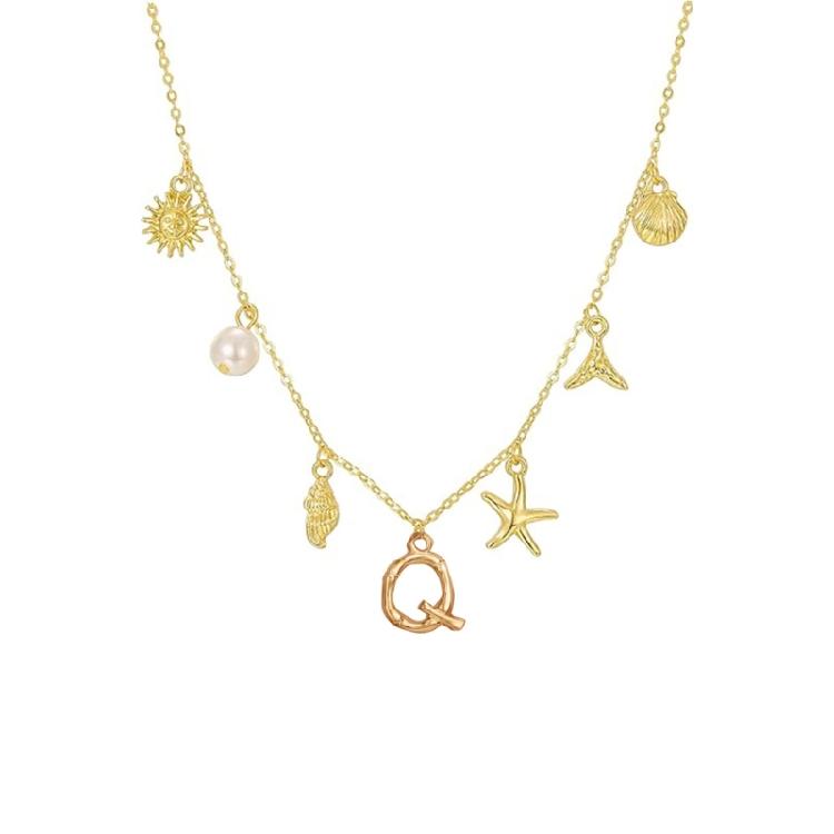 Ocean Theme Gold Charm Necklace with Initial Shells Letter Pendant Suitable for Surfer Girls and Beach Enthusiasts