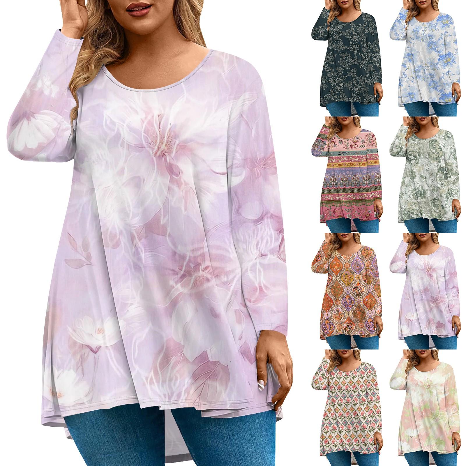 

Women s Fashion Large Size Round Neck Long Sleeve Casual Print Loose Pullover Top L