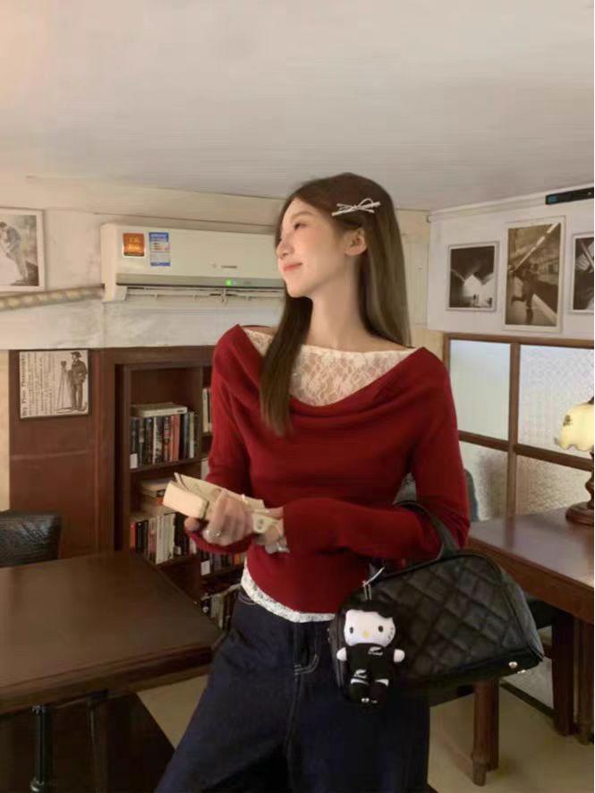 

Женский осенне-зимний облегающий красный кружевной топ с драпировкой на шее и длинными рукавами M