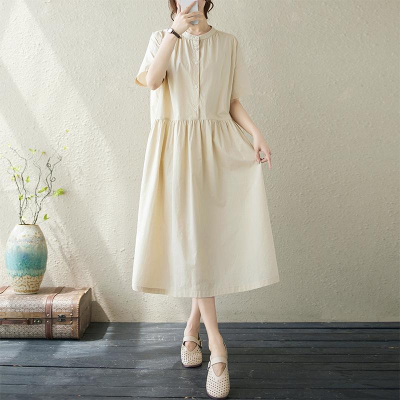 

2025 летнее новое универсальное платье с круглым вырезом и короткими рукавами, женское повседневное однотонное тонкое платье из хлопка и льна средней и длинной длины 2XL